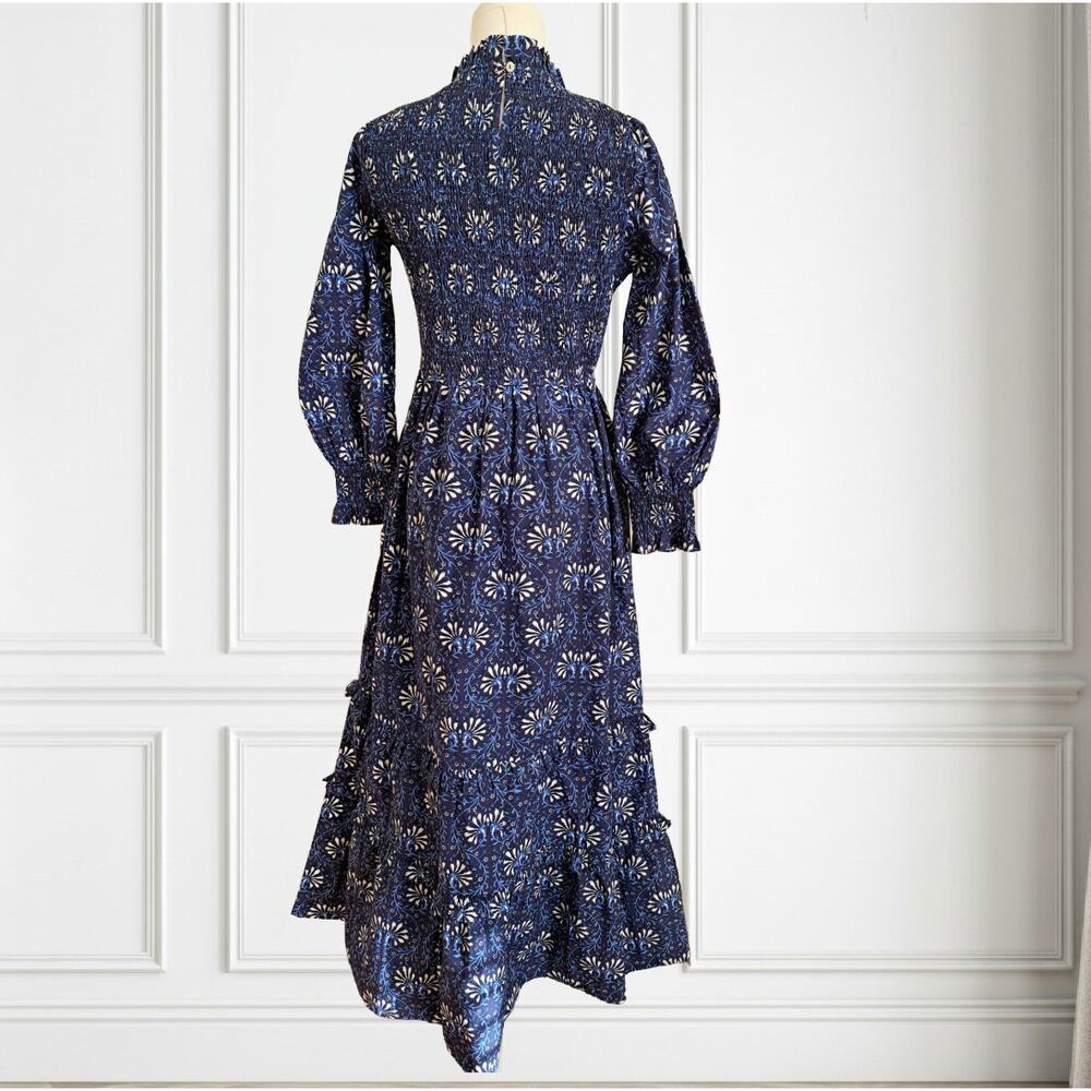 Pink City Prints Isabel Smocked Tiered Maxi Dress Small Midnight Vine Blue - Picture 5 of 10